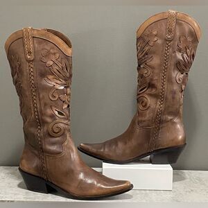 Matisse Brown Leather Floral Cut Out Embroidered Western Cowboy Boots Size 10